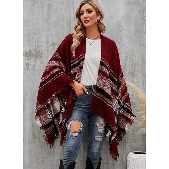 Sweaters - Red Checker Print Knit Tassel Poncho Fringed‎ Shawl Cape Pashmina Wrap Sweater